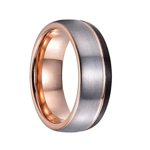 Dreifarbiger Wolframring mit gebürstetem Silber, Roségold-Rändern und feiner schwarzer Linie