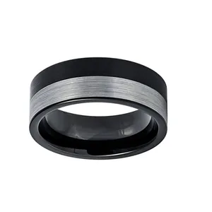 Klassieke zwarte en zilveren wolfraamstalen ring met een geborstelde afwerking voor heren