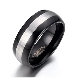 Bague en carbure de tungstène brossé noir et argent pour hommes au style minimaliste