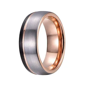 Dreifarbiger Wolframstahlring mit Roségold, Schwarz und gebürstetem Silber-Finish