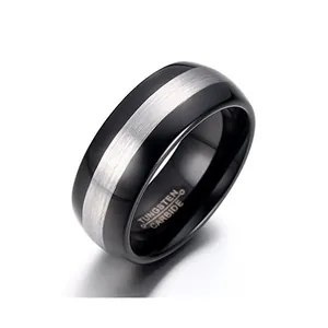 Bague en tungstène noir poli avec bande argentée brossée et bordure arrondie confort