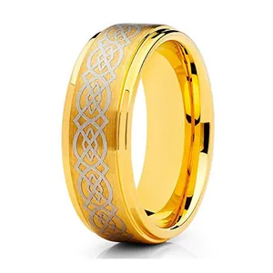 Men Vintage Tungsten Steel Ring Gold Plated Celtic Knot Pattern Brushed Finish Polished Edge Comfort Fit Jewelry Band