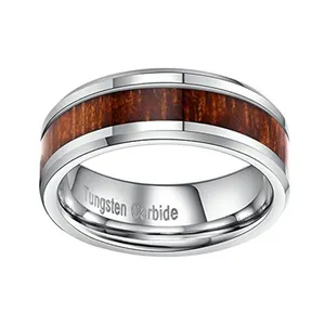 Polished silver tungsten carbide ring with elegant dark brown wood grain inlay design