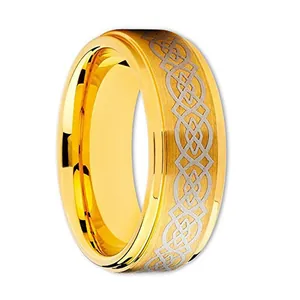 Close-up of gold tungsten ring with brushed texture and laser-etched Celtic knot pattern