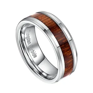 Polished tungsten carbide ring with natural dark wood inlay for men and women