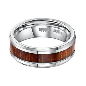 Polished silver tungsten carbide ring with a brown acacia wood inlay for men and women