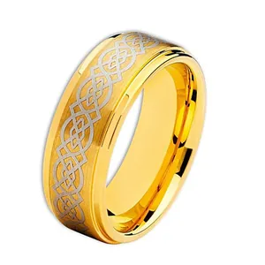 Detailed macro view of golden tungsten ring with laser-cut Celtic knots and silver inlay