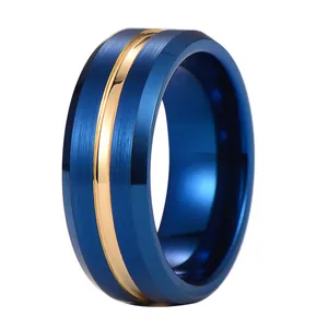 Bague pour Hommes en Acier au Tungstène Largeur 8mm Bleu Brossé Avec Rayure Centrale Or Poli Alliance Minimaliste Bijoux