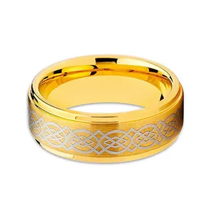 Golden tungsten steel ring for men featuring laser etched Celtic knot and brushed finish