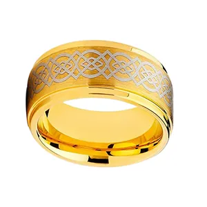 Mens gold tungsten ring featuring a brushed finish and silver Celtic knot inlay pattern