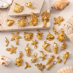 Stainless Steel Ocean Theme Pendants Starfish Shell Turtle Dolphin Seahorse Gold Plated Charms For DIY Jewelry Making