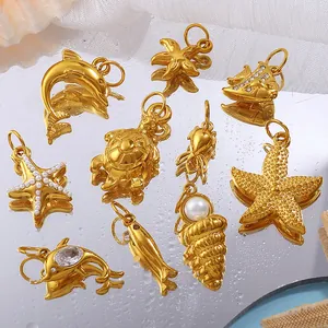 Golden ocean series pendants with sea turtle, dolphin and starfish featuring pearls and zircons