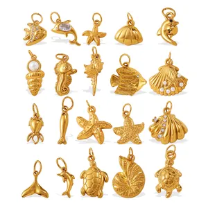 Golden stainless steel ocean pendants collection with sea shells and starfish for DIY jewelry