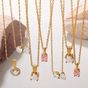 Fashion 18K Gold Plated Stainless Steel Pendant Necklace For Women Luxury Round Zirconia Pink Crystal White Opal Clavicle Chain Jewelry Gift