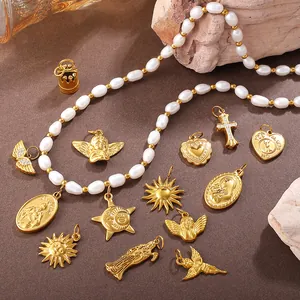 Vintage gold plated sun heart and portrait pendants with baroque pearl necklace set