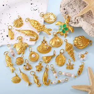 Ocean Theme Stainless Steel DIY Pendants Gold Plated Sea Animal Shell Turtle Fish Starfish Artificial Pearl Zircon Jewelry Making Charms