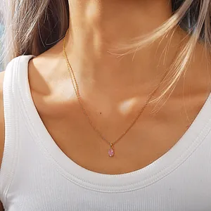 Minimalist 18K gold plated stainless steel necklace with oval pink gemstone pendant