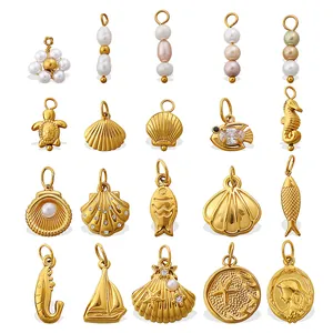 Golden stainless steel ocean pendants set featuring starfish and pearls for DIY jewelry