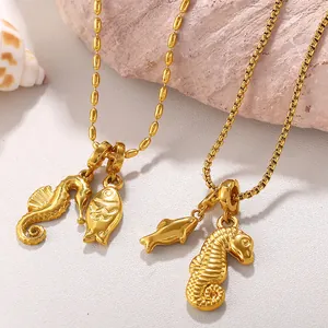 18K gold plated seahorse and fish charm necklaces with bead and box chain options