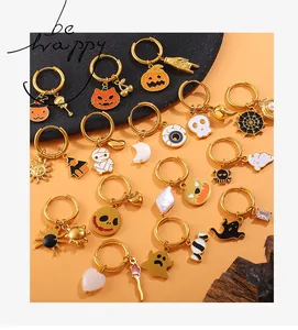 Set of 16 pairs of Halloween hoop earrings with gold plated pumpkin and ghost charms