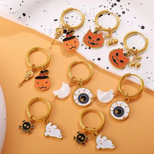 Halloween hoop earrings with 18K gold plated charms like pumpkins, ghosts and skulls