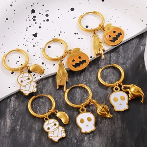 Halloween charm hoop earrings set with pumpkin mummy and skull in 18K gold plated steel