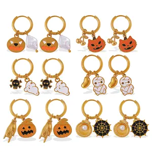 Halloween earring set with pumpkin, ghost, and skull pendants in 18K gold plated steel