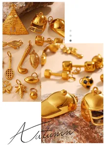 Detailed collection of vintage gold pendants featuring sports, nature and Egyptian motifs