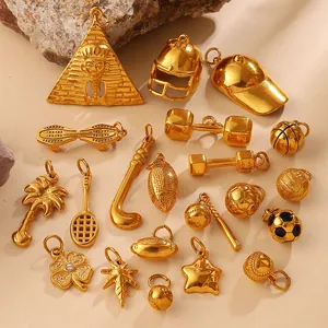 Vintage Stainless Steel Gold Pendants For DIY Jewelry Making Sports Dumbbell Football Basketball Helmet Pyramid Charms For Necklace Bracelet Making