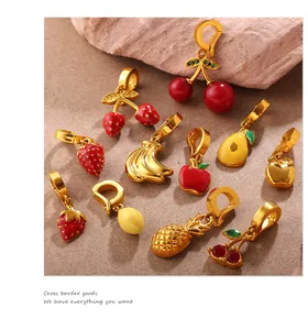 Detailed view of assorted fruit bikini clasps with vibrant enamel finish and gold plating