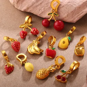 Colorful fruit charms with golden lobster clasps including apple and pineapple designs