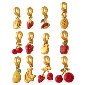 Set of 12 gold plated fruit charms with lobster clasps and colorful enamel for jewelry