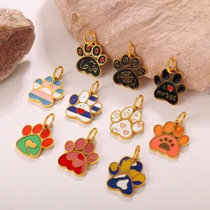 Colorful paw print pendants with various enamel patterns and I Love My Dog designs