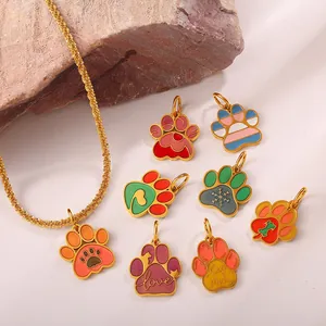 Set of 8 colorful enamel paw print charms and a gold twisted necklace for DIY jewelry making