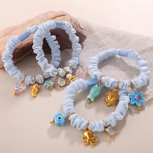 Ocean Theme Light Blue Pleated Fabric Scrunchie Bracelet With Stainless Steel Sea Life Pendants For Women Beach Hair Jewelry