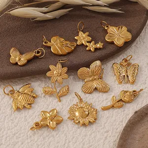 Vintage Gold Stainless Steel Butterfly Flower Leaf Bee Pendant Charms For DIY Necklace Making Women Jewelry Pendant Only