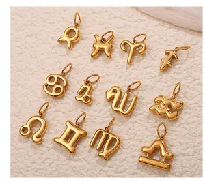 Detailed view of twelve 18k gold-plated zodiac pendants for DIY jewelry making