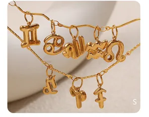 Detail of 18k gold plated zodiac charms on stainless steel necklace for women
