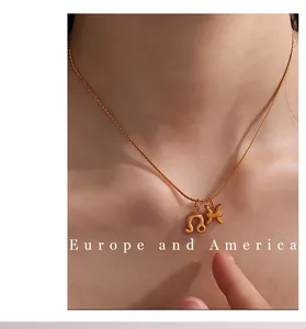 Detail view of 18k gold Leo and Pisces zodiac pendants on a delicate stainless steel chain