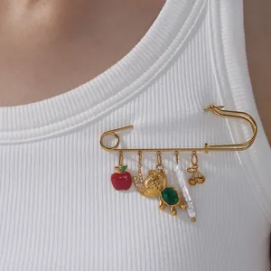 Broche de Imperdible de Acero Inoxidable Chapado en Oro Vintage con Varios Colgantes Corazón Cruz Animal Fruta Joyería de Moda para Mujer