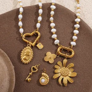 Vintage Süßwasserperle Edelstahl Halskette Armband Set Vergoldet Herz Bär Anhänger Mode Schmuck Für Damen