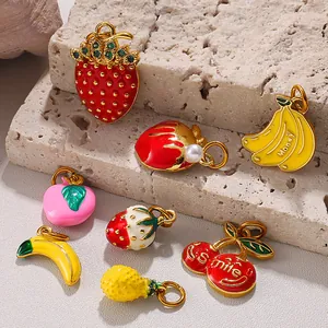 Enamel fruit charms for DIY jewelry featuring strawberry and banana designs on stones