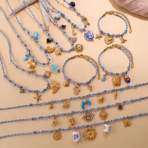 Handmade Woven Rope Jewelry Set Stainless Steel Ceramic Enamel Ocean Starfish Animal Charm Necklace Bracelet For Women Summer Vacation Accessory