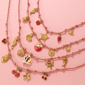 Handmade Braided Rope Necklace Bracelet Set Gold Plated Stainless Steel Enamel Charm Jewelry Strawberry Heart Pendant For Women