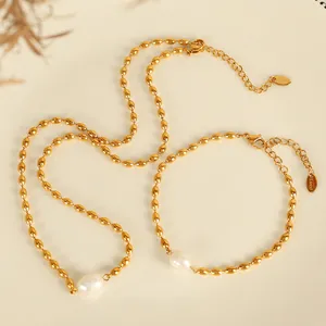 Collier Et Bracelet En Acier Inoxydable Avec Perle D'Eau Douce Mode Bijoux En Chaîne De Perles En Métal De Luxe Pour Femmes