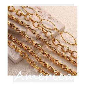 Macro shot of assorted gold Cuban and cable link chains on textured stone display