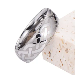 Men's tungsten steel ring featuring laser-engraved geometric woven patterns and brushed finish