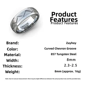 Détail de la bague en tungstène argent de 8mm avec motif à chevrons et fini mat