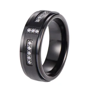 Luxury Men Tungsten Steel Ceramic Band Ring Brushed Matte Black Zirconia Inlaid Minimalist Industrial Style Jewelry Gift