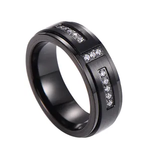 Men's matte black tungsten ring with brushed finish and three groups of inlaid zircons